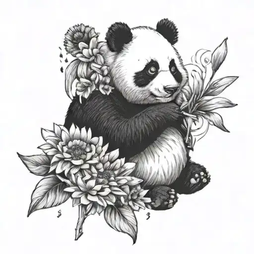 a panda crying while holding a gerbera in his hand tattoo design idea
