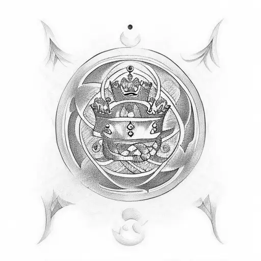 Pair of tattoos Queen crown with letter E and King crown with letter G. Ying Yang symbol underneath. tattoo design idea