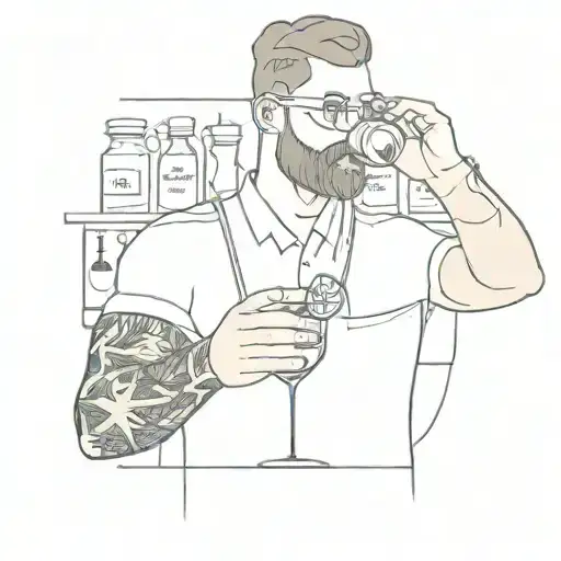 Bartender mixing drinks with a camera lens as a shaker tattoo design idea