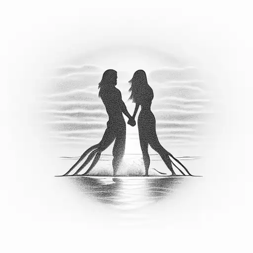 A silhouette of a couple holding hands on a serene beach at sunset, symbolizing the client's love for their husband and the beauty of nature tattoo design idea