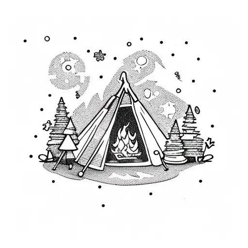 A cozy campfire amidst a starry night sky tattoo design idea