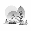 A silhouette of two trees with roots together in front of mountains and a beach with a sunrise  tattoo design idea