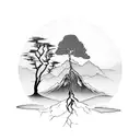 A silhouette of two trees with roots together in front of mountains and a beach with a sunrise  tattoo design idea