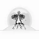 A silhouette of two trees with roots together in front of mountains and a beach with a sunrise  tattoo design idea
