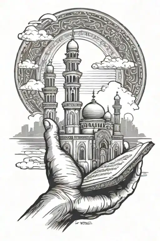 mosque on bottom part, a hand over the mosque holding a quran to the sky, sun shining behind the hand and clouds filling tattoo design idea