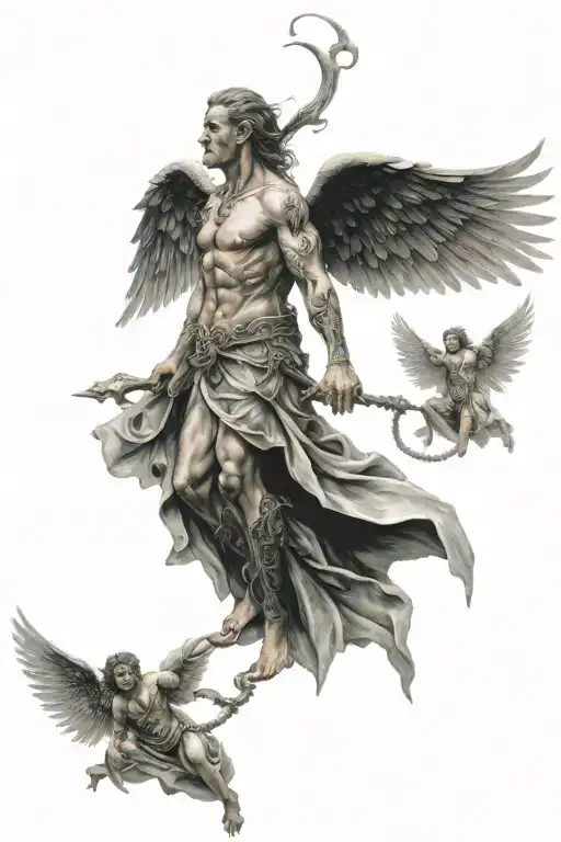 scary realistic full back with angels and demons  tattoo design idea
