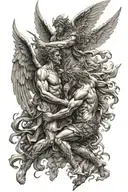 scary realistic full back of angels and demons Fighting  tattoo design idea