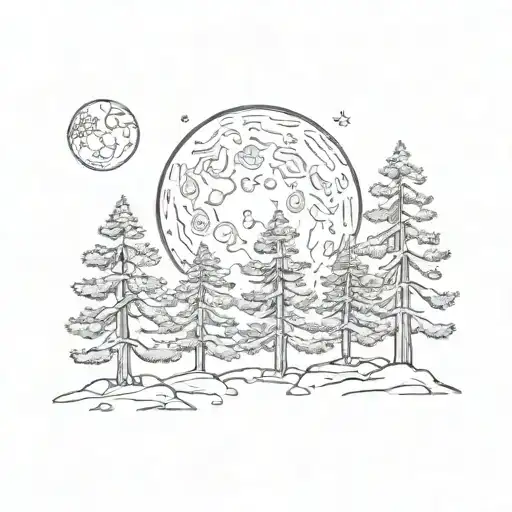 three pine trees with waning gibbous moon tattoo design idea