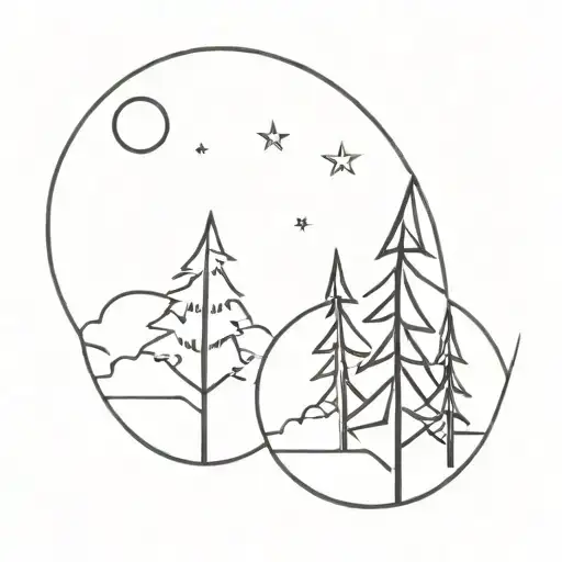 three pine trees with waning gibbous moon tattoo design idea