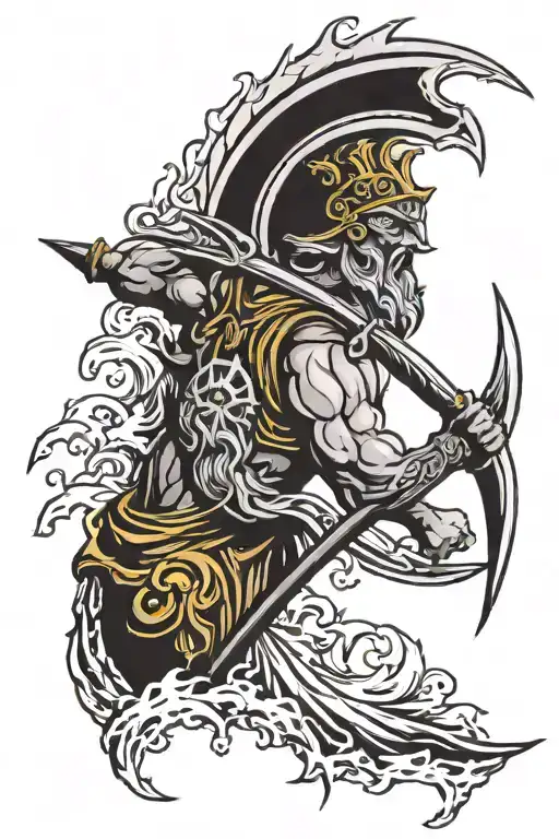 The idea of ​​the tattoo is to combine a mauri sickle with a trident of poseidon together with a background with waves tattoo design idea