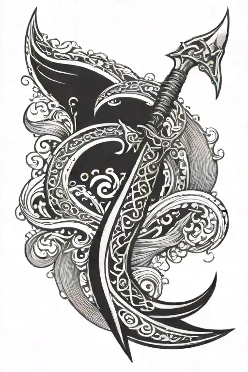 The idea of ​​the tattoo is to combine a mauri sickle with a trident joined with a background with waves tattoo design idea