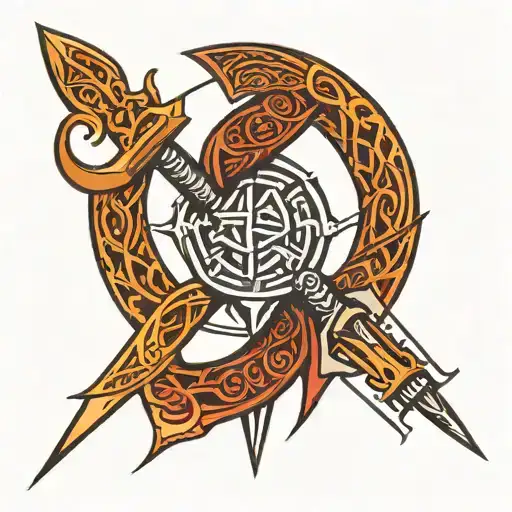 Top: The tips of the trident decorated with tribal patterns. Center: The axis of the trident with geometric lines tattoo design idea
