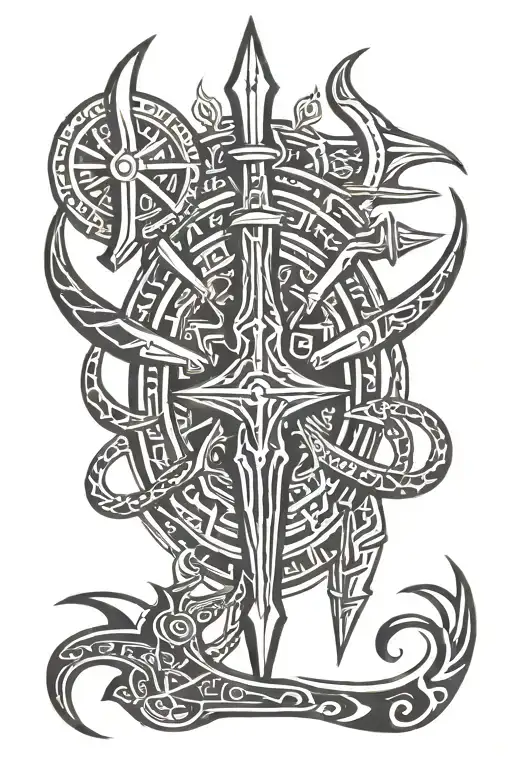 Top: The tips of the trident decorated with tribal patterns. Center: The axis of the trident with geometric lines tattoo design idea
