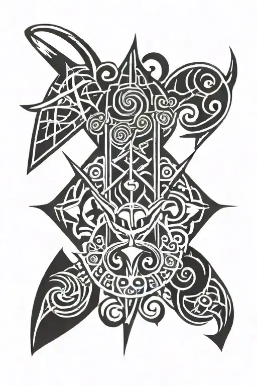Top: The tips of the trident decorated with tribal patterns. Center: The axis of the trident with geometric lines tattoo design idea