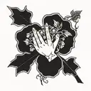 a hand reaching a four leaf clover through thorns. black and white, simple tattoo design idea