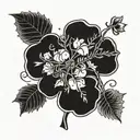 a hand reaching a four leaf clover through thorns. black and white, simple tattoo design idea