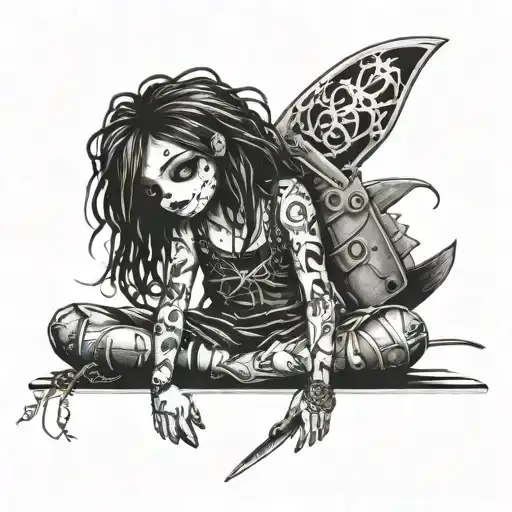emo rag doll knives in back, stitches and bruised  tattoo design idea