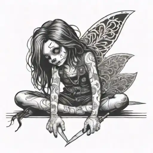 emo rag doll knives in back, stitches and bruised  tattoo design idea