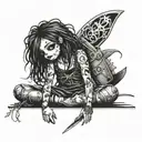 emo rag doll knives in back, stitches and bruised  tattoo design idea