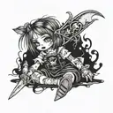 emo rag doll knives in back, stitches and bruised  tattoo design idea