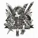 emo rag doll knives in back, stitches and bruised  tattoo design idea