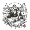 mountains pine trees and bluebonnets wrapped tattoo design idea