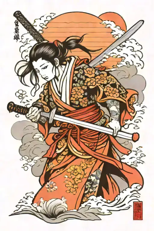 samurai girl holding a samurai sword in mount fuji tattoo design idea