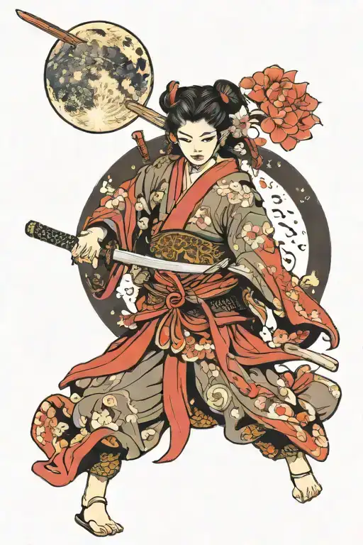 samuraI girl in mount fuji with a moon tattoo design idea