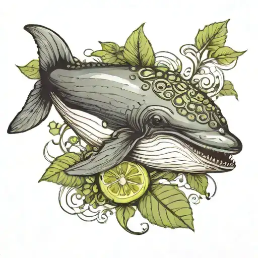 baby humpback whale with tophat eating avocado tattoo design idea