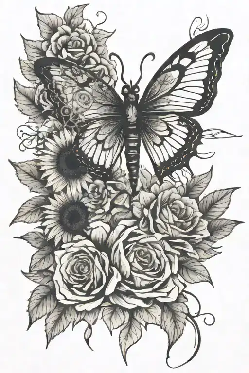 sunflowers, rose, anatomical heart dragonfly perched tattoo design idea