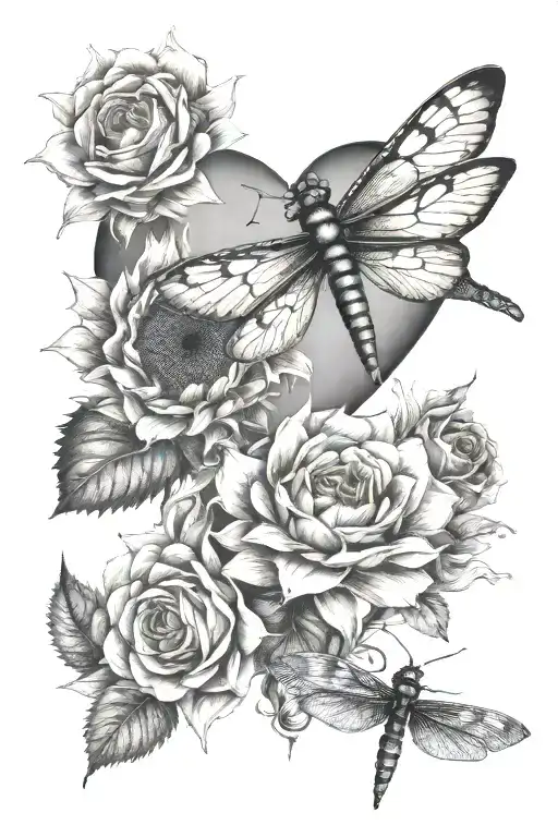 sunflowers, rose, human heart dragonfly perched tattoo design idea