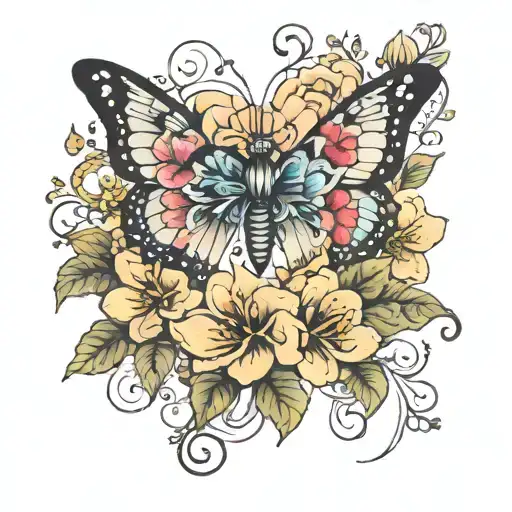 half butterfly half flowers tattoo design idea