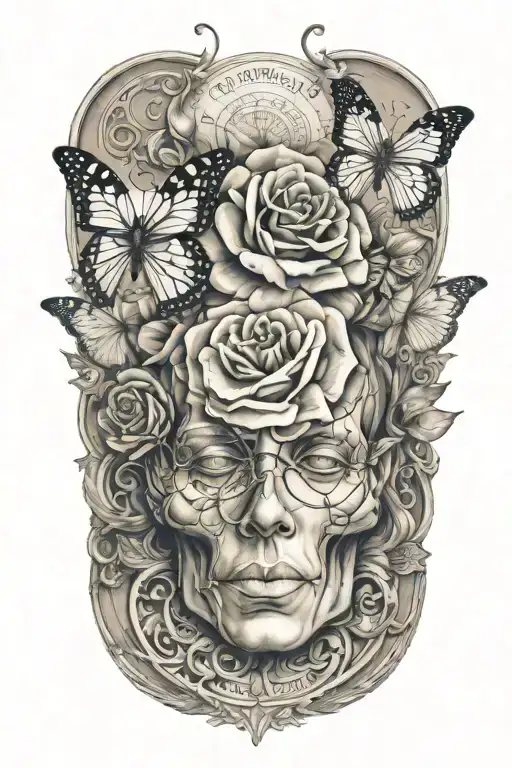 anatomical human brain, butterfly, rose, lilly book tattoo design idea