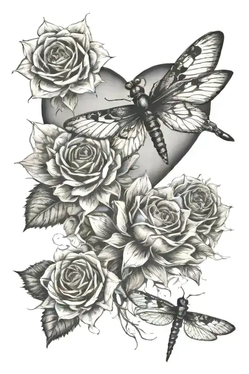sunflowers, rose, anatomical heart dragonfly perched tattoo design idea