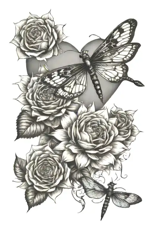 sunflowers, rose, heart dragonfly perched tattoo design idea