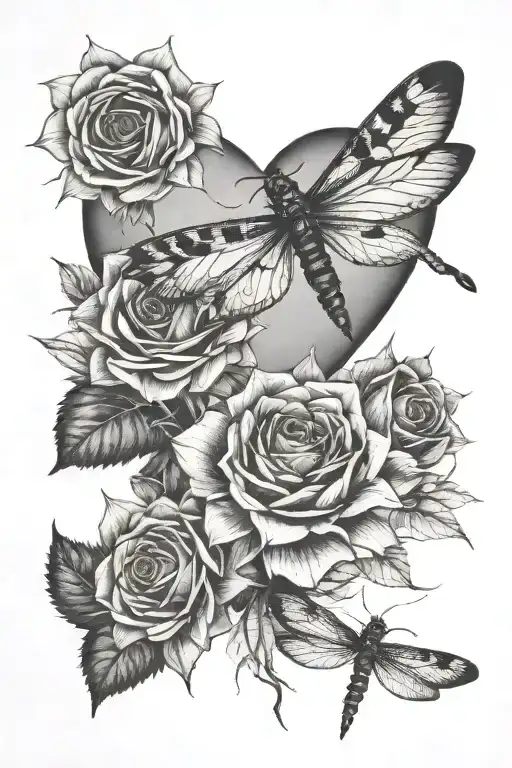sunflowers, rose, heart dragonfly perched tattoo design idea