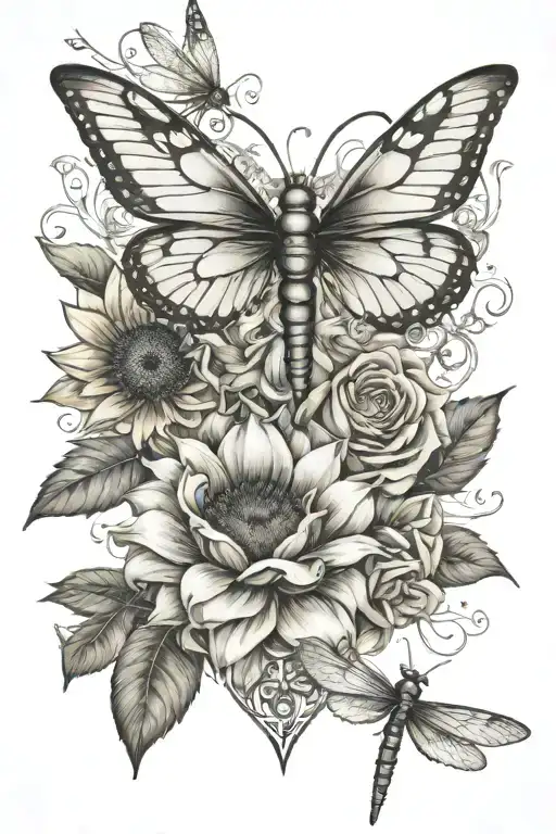 sunflowers, rose, heart dragonfly perched tattoo design idea