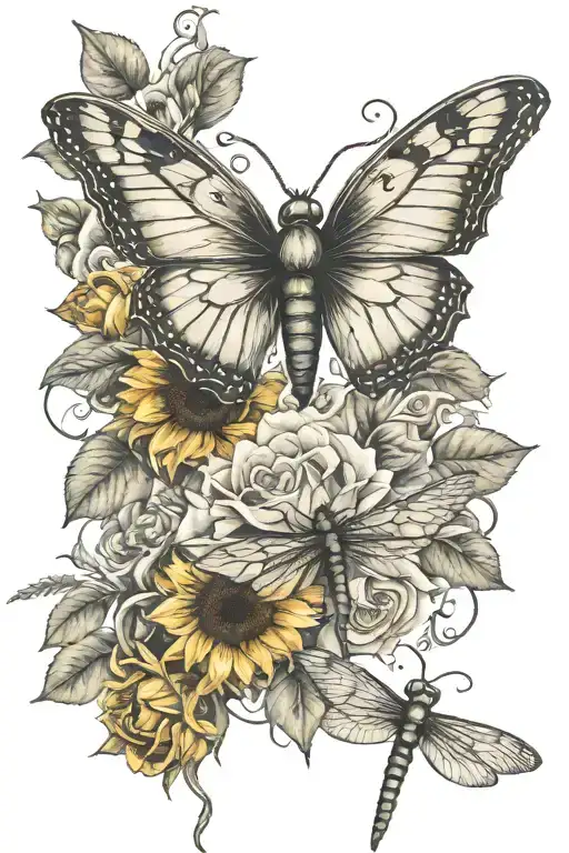 sunflowers, rose, anatomical heart dragonfly perched tattoo design idea