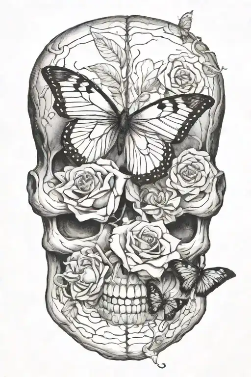 anatomical human brain, butterfly, rose, lilly book tattoo design idea