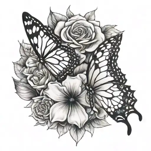 half butterfly half flowers tattoo design idea