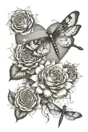 sunflowers, rose, heart dragonfly perched tattoo design idea