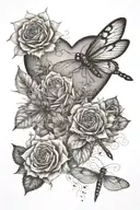 sunflowers, rose, heart dragonfly perched tattoo design idea