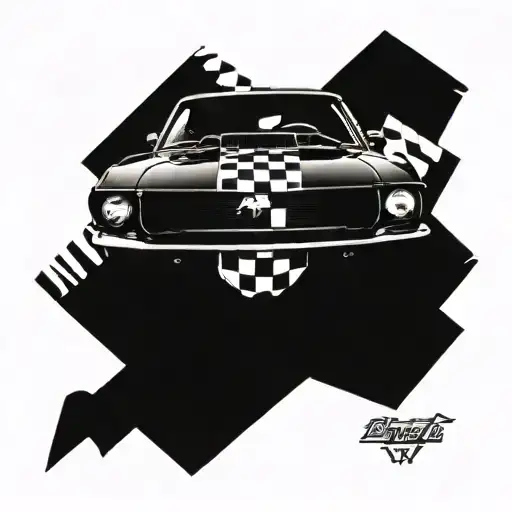 Combine elements of a 1969 mustang  car and a chequered racing flag and a mph gauge tattoo design idea