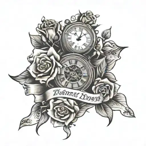 clock, rose, family, 2 banners with birthdates  tattoo design idea