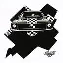 Combine elements of a 1969 mustang  car and a chequered racing flag and a mph gauge tattoo design idea