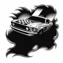 Combine elements of a 1969 mustang  car and a chequered racing flag and a mph gauge tattoo design idea