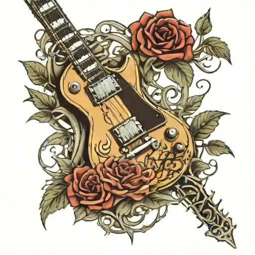 Gibson les Paul guitar wrapped in roses with 10 thorns  tattoo design idea