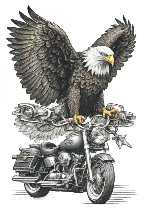 an eagle with open wings standing on the handle bar of a Harley Davidson tattoo design idea