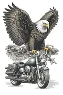 an eagle with open wings standing on the handle bar of a Harley Davidson tattoo design idea