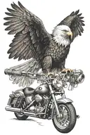 an eagle with open wings standing on the handle bar of a Harley Davidson tattoo design idea